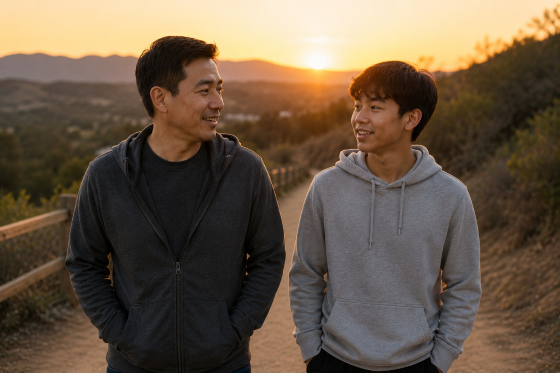 How to be a good stepdad - An Asian stepdad and teenage stepchild walking together on a trail at sunset.