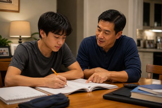 An Asian stepfather helping his teenage stepson with homework at a dining room table