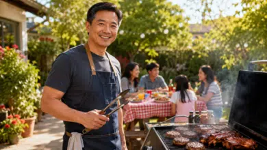 BBQ humor & fun facts - An Asian stepdad standing proudly beside a backyard grill on a sunny summer afternoon, holding barbecue tongs while smiling confidently