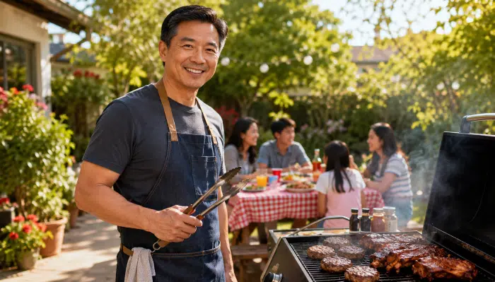 BBQ humor & fun facts - An Asian stepdad standing proudly beside a backyard grill on a sunny summer afternoon, holding barbecue tongs while smiling confidently