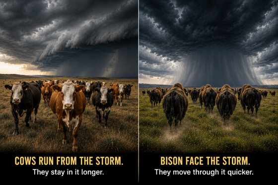 blended family challenges - Cows-running-away-from-the-storm-and-bisons-headed-toward-the-storm