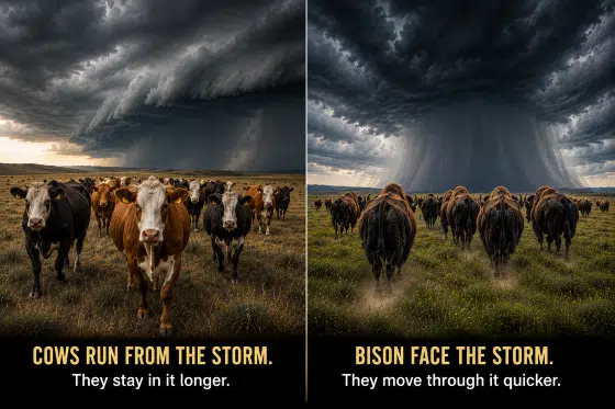 blended family challenges - Cows-running-away-from-the-storm-and-bisons-headed-toward-the-storm
