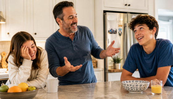 Stepdad telling a joke in the kitchen while his teenage children react with eye-rolls and laughter,