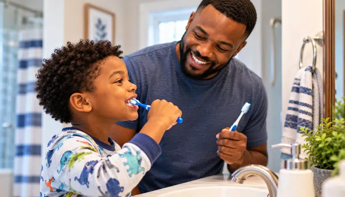 A-bathroom-scene-showing-a-stepdad-and-his-elementary-school-age-stepchild-brushing-his-teeth-in-front-of-the-mirror