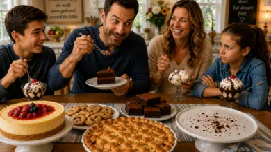 A-blended-family-gathered-around-a-dining-room-table-absolutely-loaded-with-various-desserts