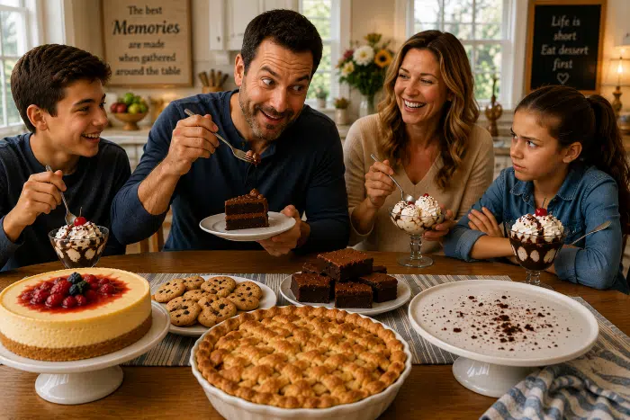 A-blended-family-gathered-around-a-dining-room-table-absolutely-loaded-with-various-desserts