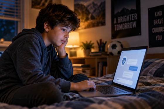 Middle-school child having a private conversation with an AI chatbot