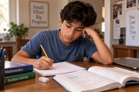 A middle-school-age student at a kitchen table working through a math problem or written assignment without a computer immediately in front of them