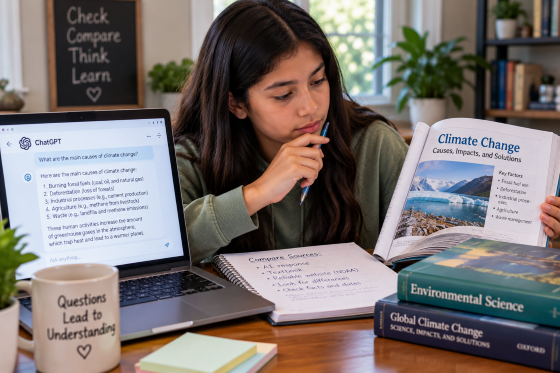 A middle-school or high-school student comparing information on a laptop with a textbook, printed source, or second webpage.