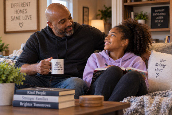 A natural, warm interaction between a stepdad and stepchild that communicates trust without suggesting the stepdad is replacing the biological father