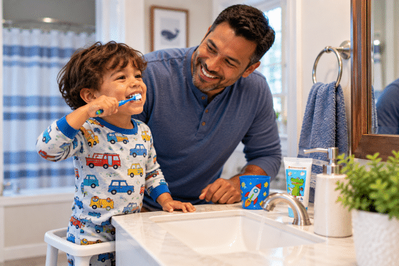 kids dental care - A preschool-age child standing on a small step stool at the bathroom sink while his stepdad supervises.