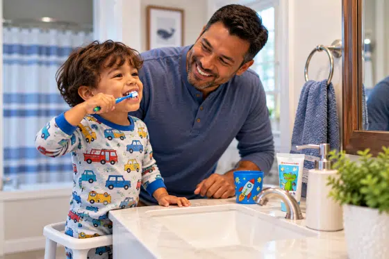 A preschool-age child standing on a small step stool at the bathroom sink while his stepdad supervises.