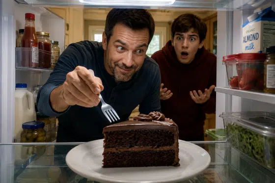 A-single-piece-of-chocolate-cake-sitting-dramatically-on-a-plate-in-the-refrigerator-while-a-stepdad-reaches-toward-it-with-a-fork—and-a-teenager-appears-behind-him-with-a-shocked-expression.