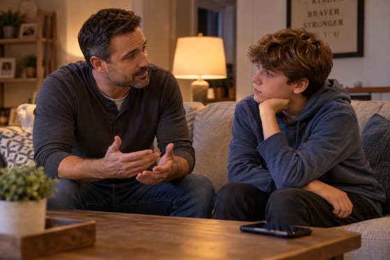 A-stepdad-calmly-talking-with-a-middle-school-age-stepchild-in-the-evening