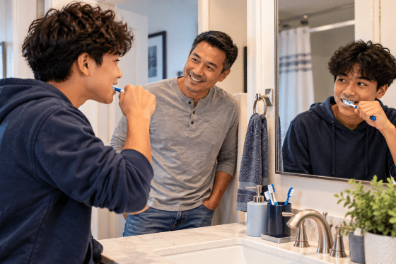 kids dental care - A teenage child getting ready in front of the bathroom mirror while a stepdad stands casually in the doorway talking with him