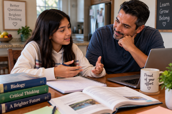 A warm kitchen-table scene with a stepdad and middle-school-age child discussing schoolwork.