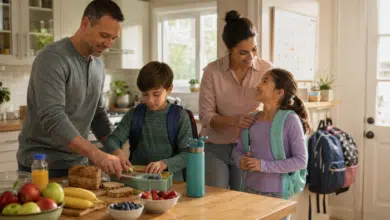 A warm, realistic blended-family morning before school.