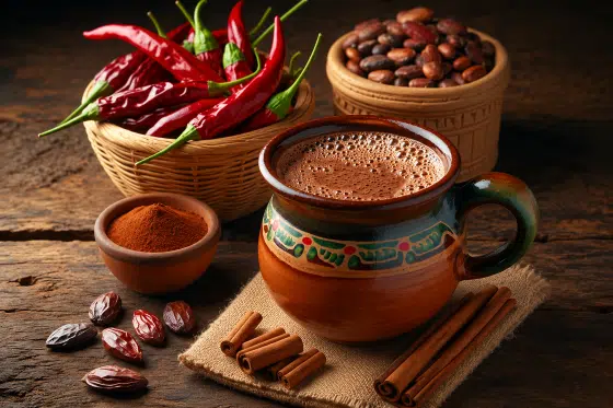Ancient cacao drink with cacao beans and chili peppers
