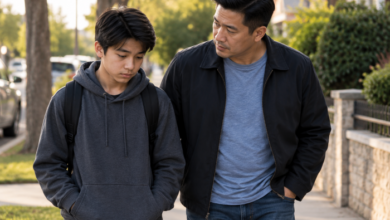 Asian stepdad walking along side with his troubled looking stepson.