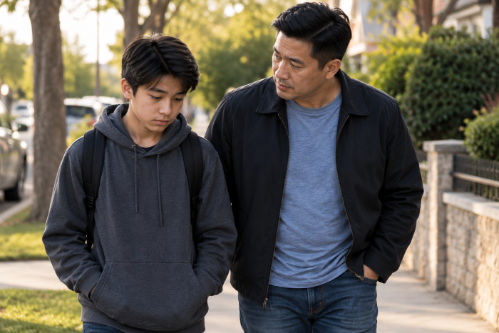 Asian stepdad walking along side with his troubled looking stepson.