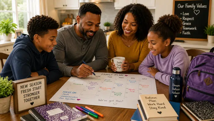A blended family is planning around the dinner table.