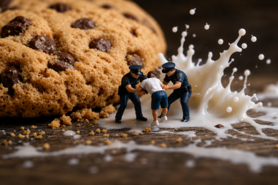 Humorous scene of police catching a chocolate chip cookie thief beside a giant cookie and spilled milk