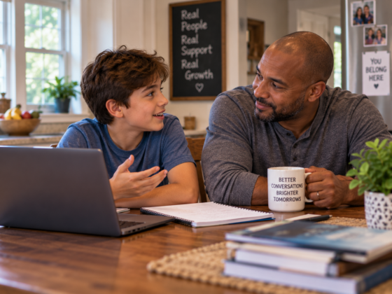 Child turning away from a laptop to talk with a caring stepdad