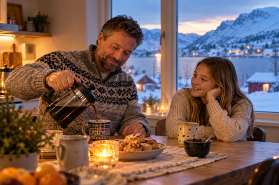Coffee being enjoyed on a cold winter morning in Northern Europe