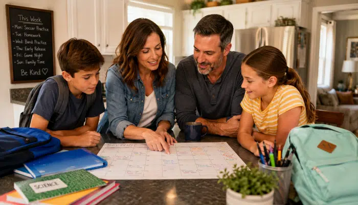 A stepdad and mom are reviewing a family calendar, while school-age children are nearby with backpacks/books.