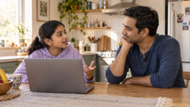 Indian stepdad listening as his stepchild turns away from a laptop to talk