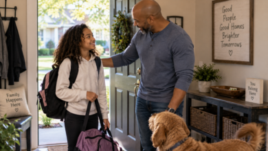 Middle-school-age child arriving at one household with a backpack and overnight bag while the stepdad warmly welcomes the child