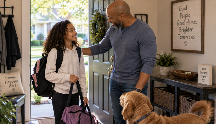 Middle-school-age child arriving at one household with a backpack and overnight bag while the stepdad warmly welcomes the child