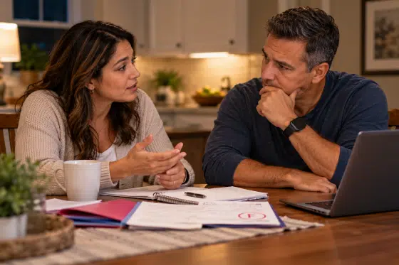 Mom and stepdad privately discussing their child's school struggles