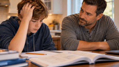 Stepchild-looking-troubled-by-his-homework-with-the-stepdad-patiencely-observing