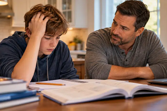 Stepchild-looking-troubled-by-his-homework-with-the-stepdad-patiencely-observing