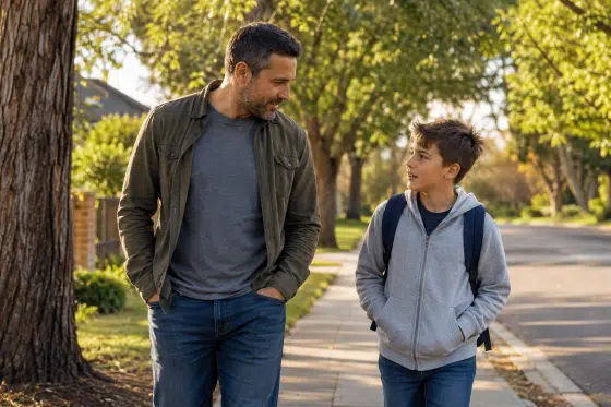 Back to school healthy checklist - Stepdad-and-child-talking-while-walking-home-after-school