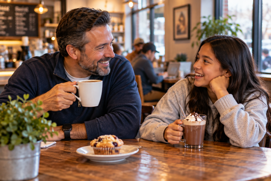 Stepdad and stepchild connecting over coffee and hot chocolate
