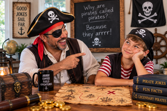 Stepdad-and-stepchild-having-fun-with-pirate-puns-for-Talk-Like-a-Pirate-Day