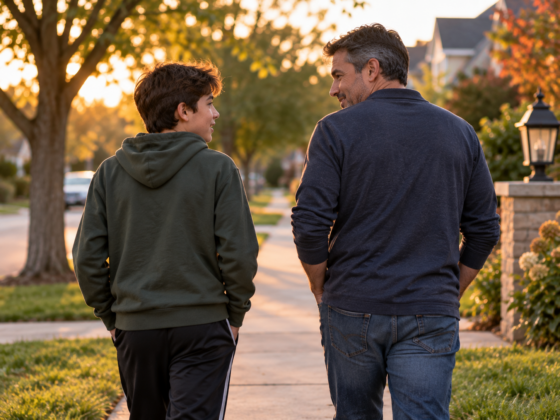 Stepdad and stepchild talking together during an evening walk