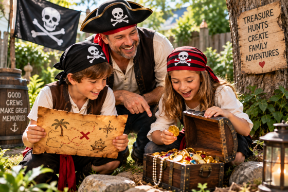 Stepdad-and-stepkids-examing-a-treasure-chest