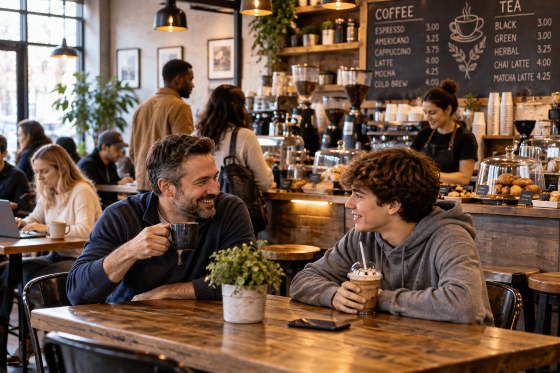 Busy neighborhood coffee shop representing America's best coffee cities