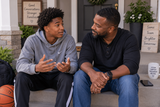 Stepdad-and-teenage-stepchild-sitting-together-on-the-front-porch.
