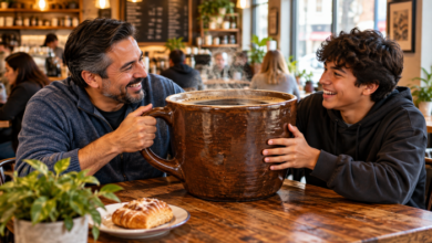 Stepdad and teenager laughing while sharing an enormous cup of coffee