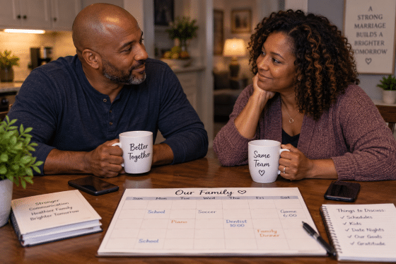 Stepdad and wife having a quiet conversation at the kitchen table after the children have gone to bed