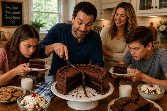 Stepdad-carefully-cutting-a-chocolate-cake-into-equal-slices-while-two-children-intensely-compare-the-sizes-of-their-pieces.
