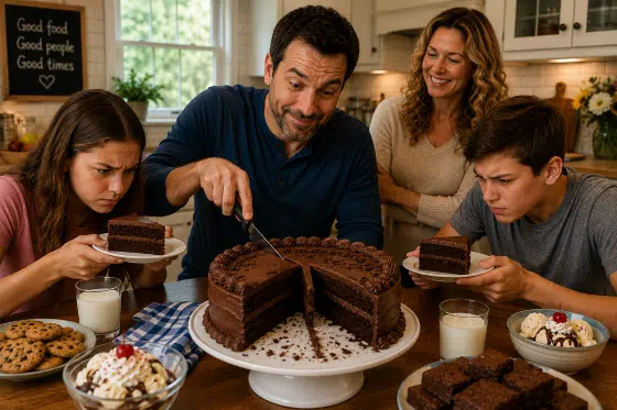 Stepdad-carefully-cutting-a-chocolate-cake-into-equal-slices-while-two-children-intensely-compare-the-sizes-of-their-pieces.