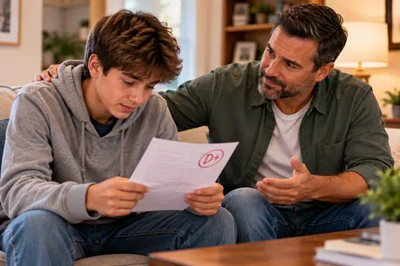 Stepdad encouraging his stepchild after a disappointing grade