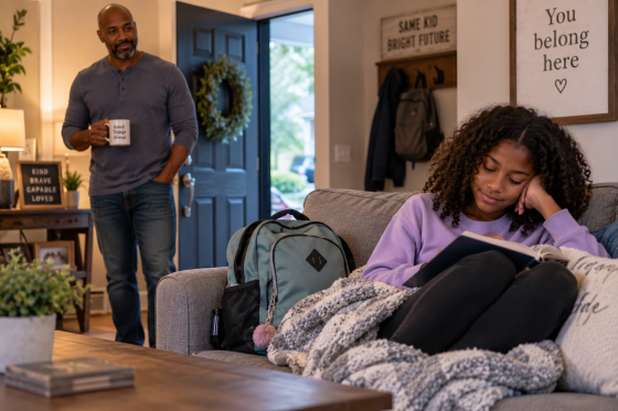 “Transition Day May Be Different” — A child arriving home with a backpack or overnight bag and taking a little quiet time while the stepdad gives them space rather than questioning them.
Alt: Stepdad giving his stepchild space after transitioning between two homes