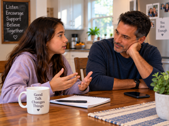 Stepdad listening attentively as his stepchild shares a concern