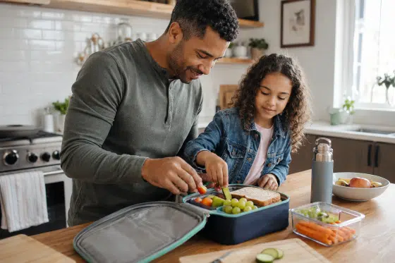Back to school healthy checklist - Stepdad-preparing-a-healthy-school-lunch-with-his-child